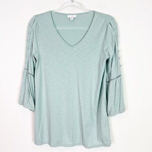 J. JILL LIGHT BLUE GREEN V-NECK 3/4 BELL SLEEVE SHIRT WOMENS XS